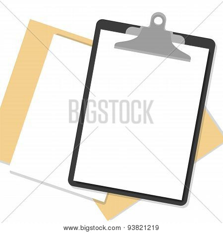 Flat clipboard with paper sheets on desk. Vector illustration
