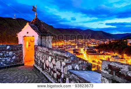 Brasov Romania. Aerial view of medieval city inTransylvania with Tampa mountain and old downtown over Hilltop fortress