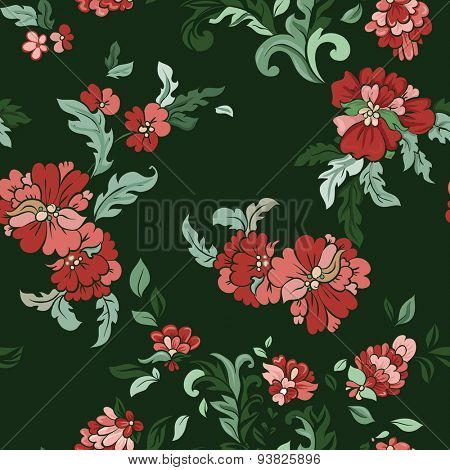 Beautiful  floral seamless pattern on green. Vector background. 