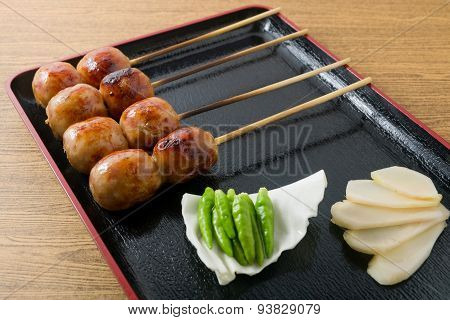 Thai Traditional Grilled Sausages On Wooden Skewer