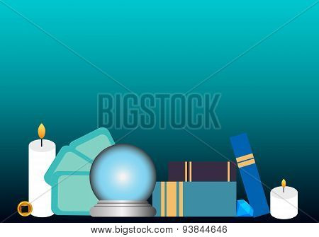 Soothsayer workplace. Esoteric objects, used for fortune telling. Vector illustration