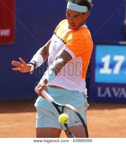 BARCELONA - APRIL, 23: Spanish tennis player Rafa Nadal in action during a match of Barcelona tennis tournament Conde de Godo on April 23 2015 in Barcelona