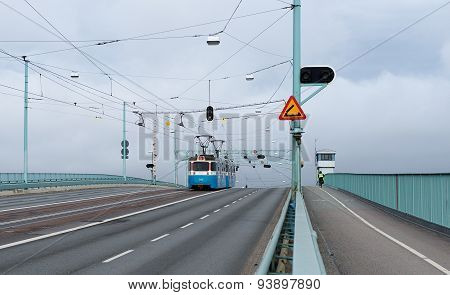 Tram going on a bridge, transport system in Gotenburg, Sweden