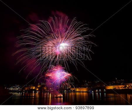 Colorful fireworks close explode in Malta in dark sky,Malta fireworks festival, 4 July, Independence
