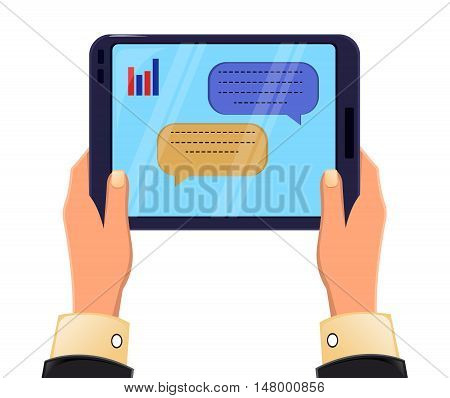 Tablet in man's hands. Message exchange. Icon modern technologies. Vector stock illustration