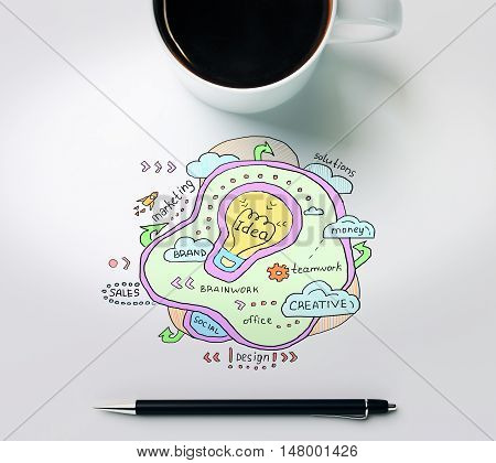 Top view of white desktop with creative lightbulb sketch coffee mug and pen. Idea concept. 3D Rendering