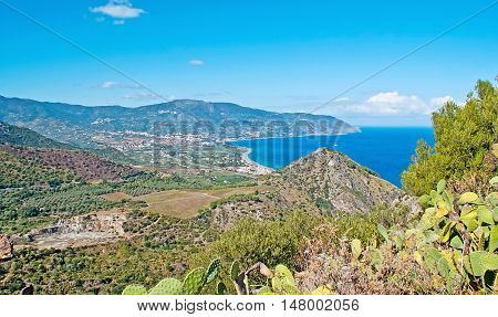 The agriculture lands with lush gardens around Tindari Mount Sicily Italy.