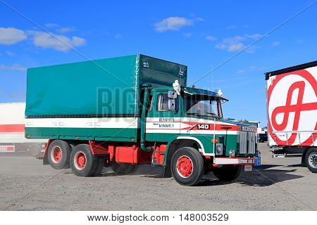 NAANTALI, FINLAND - SEPTEMBER 16; 2016: Ahola Transport presents the first cargo truck of the company Scania LS 140 on the Open Door Event in Naantali Finland.