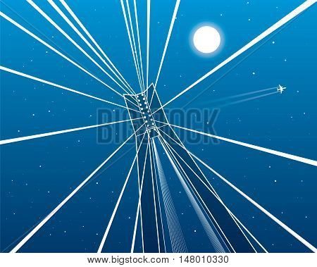 Cable-stayed bridge, pillar goes up, night sky, flying aircraft, white lines on blue background, vector design art