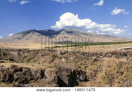 View of the mount Ara ler from the opposite side of the canyon Kasakh river in autumn sunny day