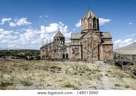 Side view of the monastery Ohanavank over the precipice at canyon river Kasakh