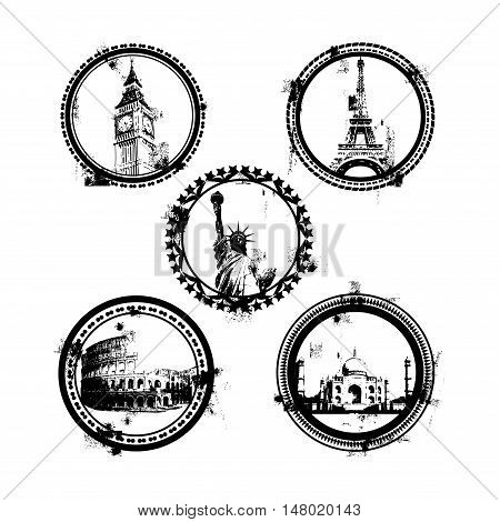 World Famous monuments and landmarks with symbols stamps