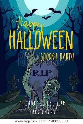 Halloween vector illustration with spooky zombie dead man, moon and grave. Background with scary landscape with graveyard to night. Horror holiday design. Poster halloween party invitation. template.