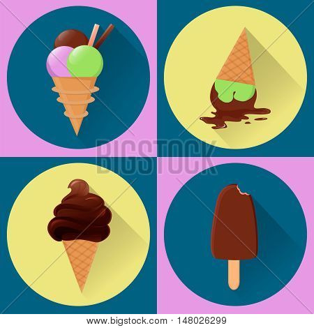 Tasty ice cream. Vector flat icons. Set