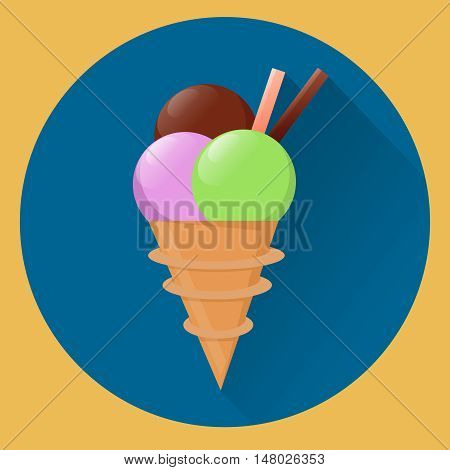 Ice cream in waffle cone. Vector flat icon