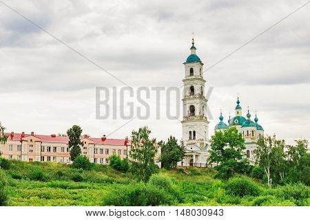 View of the bell tower of the Cathedral of of Our Saviour in Yelabuga. Russia