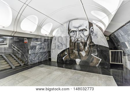 Moscow Russia - November 08 2015: Fresco with a portrait of the famous Russian writer Dostoevsky in the station of the Moscow metro Dostoevskaya