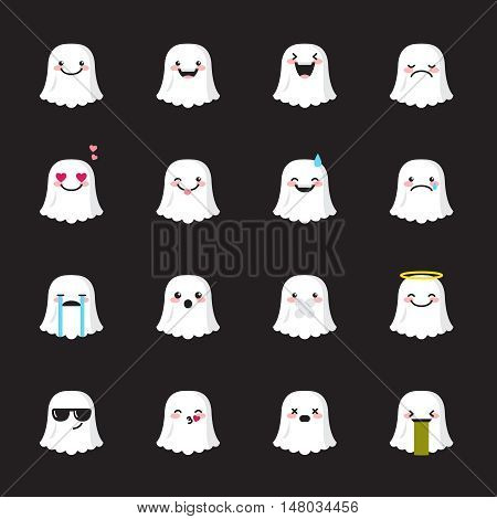 Vector ghost emoji set. Funny cartoon halloween emoticons.