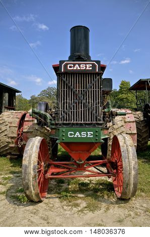 ROLLAG, MINNESOTA, Sept 1. 2016: The old historical Case steam engine is a ine of farm equipment at the West Central Steam Threshers Reunion in Rollag, MN attended by 1000's held annually on Labor Day weekend.