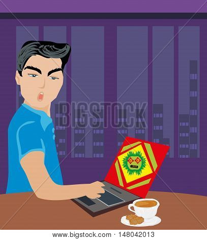 Computer virus attacking laptop , vector illustration