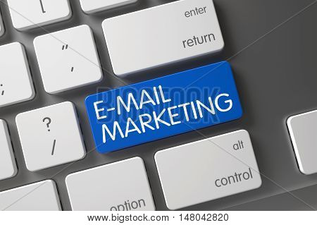 E-Mail Marketing Concept: Modernized Keyboard with E-Mail Marketing, Selected Focus on Blue Enter Keypad. 3D.