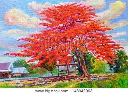 Painting oil color landscape original colorful of peacock flower tree and emotion in blue with cloud in the sky background