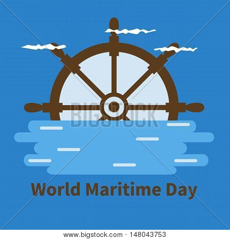 Banner for World Maritime Day with wheel, water, clouds and blue background