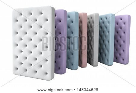 Mattresses isolated on white background. Stack of orthopedic mattresses of different colors. 3d illustration