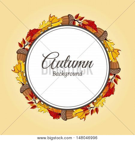 Wreath of autumn leaves vector illustration. Autumnal round frame. Background with hand drawn autumn leaves. Design elements.