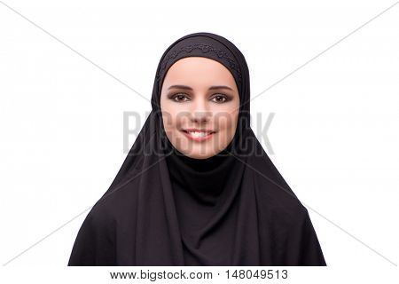 Muslim woman in black dress isolated on white