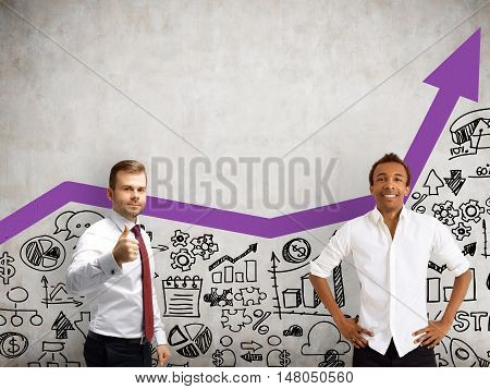 Portrait of two business partners standing near concrete wall with start up sketch and purple graph. Concept of cofounders. Toned image
