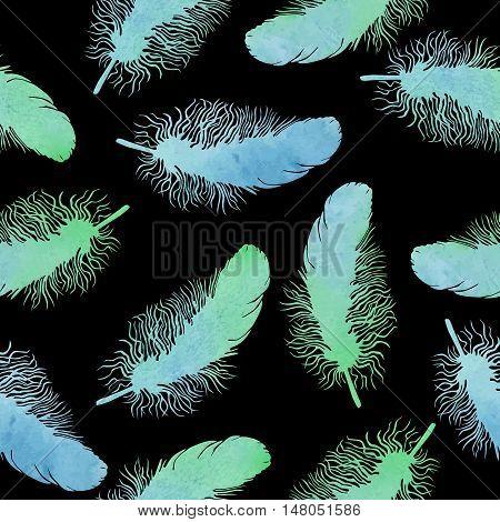 saemless pattern with gentle watercolor feathers Oon the black background