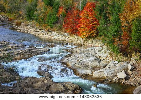 Autumn creek woods with colorfull trees foliage and rocks in forest mountain.