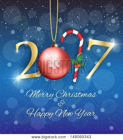 Golden New year 2017 sign with candycane holy leaves and red glass ball at blue abstract background with snow. Vector illustration. idea for greetings card