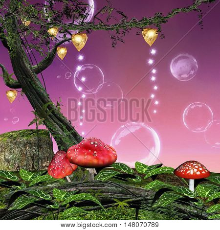 Forest background with red mushrooms and soap bubbles