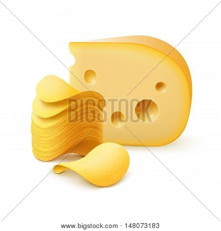 Vector Potato Crispy Chips Stack with Cheese Close up Isolated on White Background