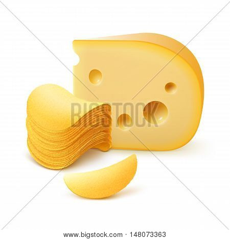 Vector Potato Crispy Chips Stack with Cheese Close up Isolated on White Background