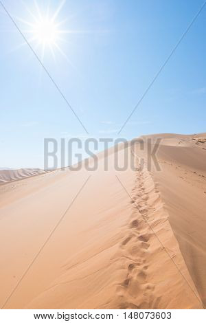 Cenic Ridges Of Sand Dunes With Footprints In Sossusvlei, Namib Naukluft National Park, Best Tourist