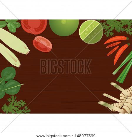 vector Thai foods ingredients on wooden background