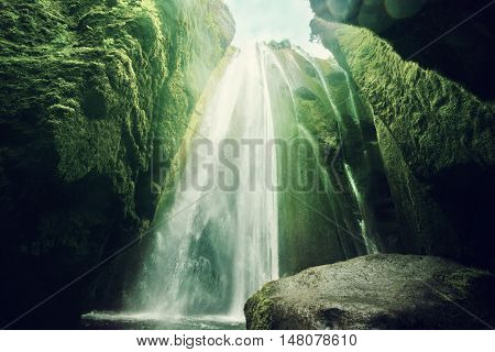  Gljufrabui waterfalls inside a cave, Iceland