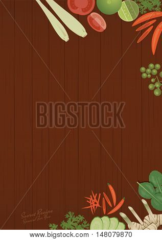 Thai foods restaurant menu template. Thai ingredients on wooden background