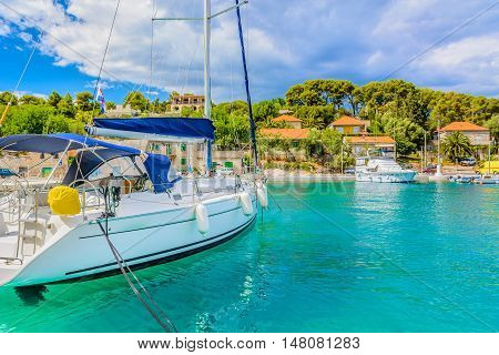 Scenic view at Croatia coast, marble bay in town Rogac, Island Solta, touristic destination.