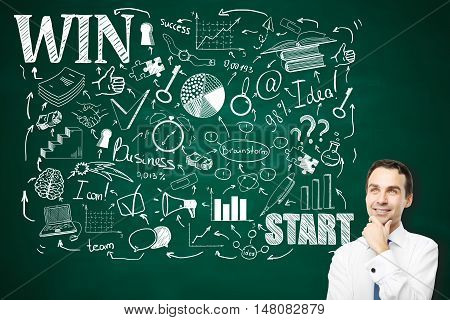 Thoughtful young businessman standing against chalkboard with creative business sketch. Leadreship and success concept