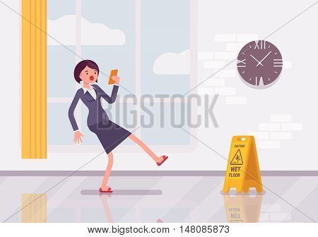 Woman with a smartphone slipps on the wet floor. Cartoon vector flat-style concept illustration