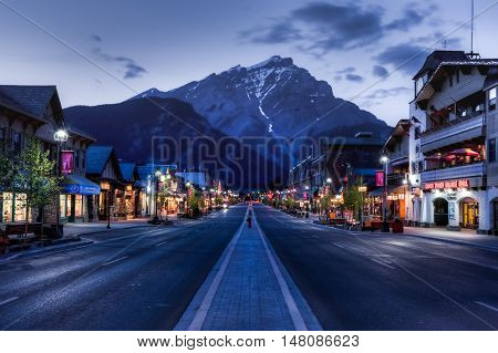Banff Alberta Canada - June 1 2009 : :night view of Main Street of Banff townsite in Banff National Park Alberta