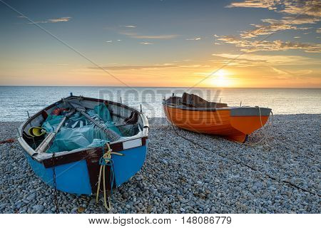 Fishing Boats on the beach at Chesil Cove in Dorset