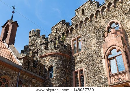 Reichenstein Castle Rhine Valley Germany - UNESCO World Heritage - courtyard : stone wall against blue sky