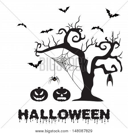 Spooky silhouette of Halloween tree, pumpkin, spider on web and bats. vector illustration for Halloween design, website, flier, invitation card