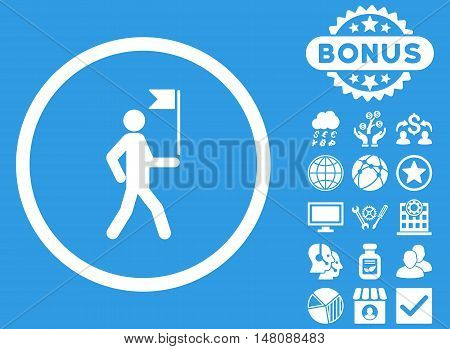 Guide icon with bonus design elements. Vector illustration style is flat iconic symbols white color blue background.