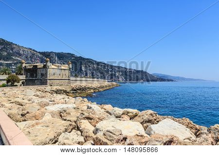 Stone Fortress Along Seashore In Menton